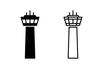 Airport control tower silhouette and outline icon set
