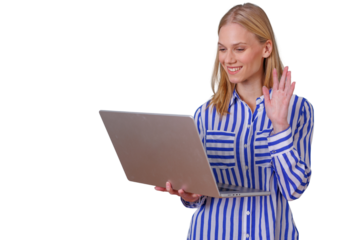 Woman smiling and waving during a video call on laptop, using online communication for remote work with transparent background