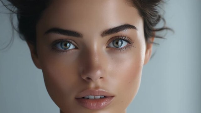 Young female model with high cheekbones and arched eyebrows against blurred background