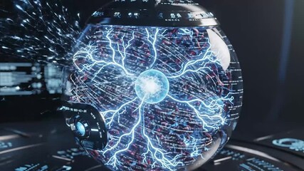 A 3D render of a futuristic diagnostic medical imaging sphere with glowing blue circuits and wires on a dark background. Perfect for medical presentations, healthcare technology, and educational