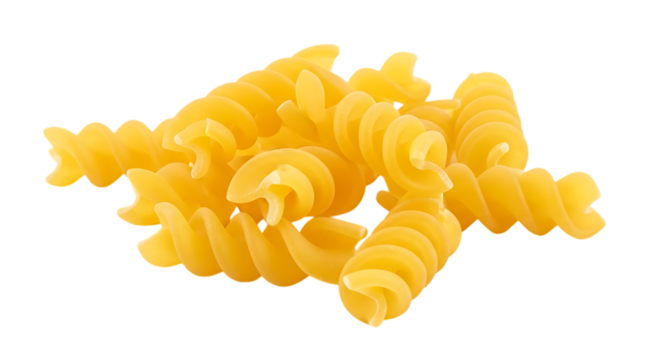 Pile of Yellow Fusilli Pasta Spirals, cutout, PNG isolated on white or transparent background