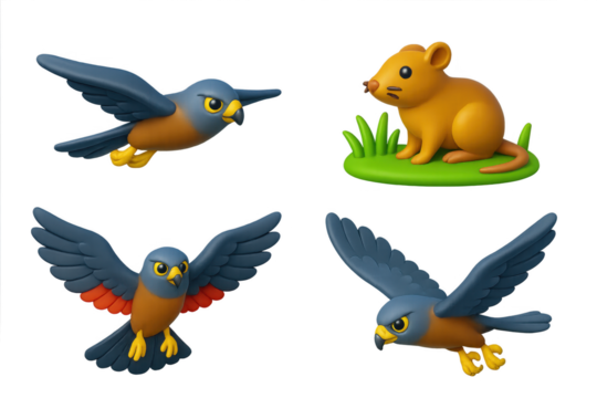 Harrier Glide Icons. 3D icon set of harrier glide: low flight, grassland prey, spread wings, long tail, feathers, hunting swoop. A