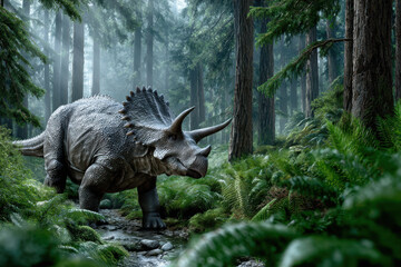 Triceratops explores a lush forest landscape during early morning light