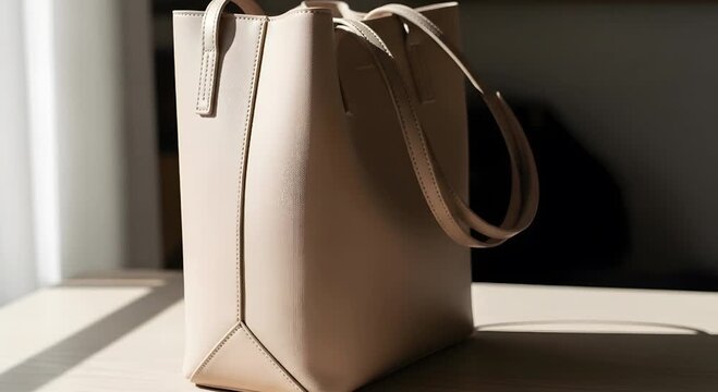 A beige tote bag with handles on a table in natural light indoors
