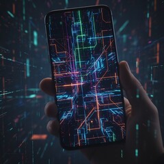 Hand Holding Smartphone with Digital Network Lines