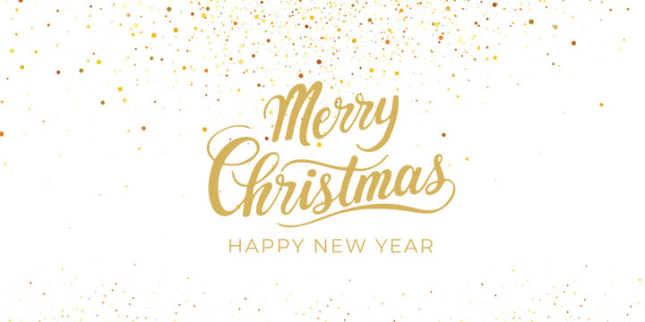 Merry Christmas and New Year card design. Gold glitter decoration, falling sparkling dust texture