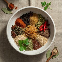 Aromatic Array of Spices and Grains in a Ceramic Bowl