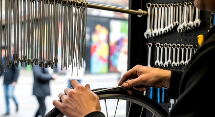 Bicycle Mechanic Repairing Wheel In Workshop