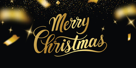Merry Christmas and New Year card design. Gold glitter decoration, falling sparkling dust texture