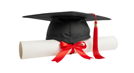 Black Graduation Cap and Diploma Scroll Tied with Red Ribbon, cutout, PNG isolated on white or transparent background