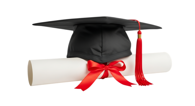 Black Graduation Cap and Diploma Scroll Tied with Red Ribbon, cutout, PNG isolated on white or transparent background