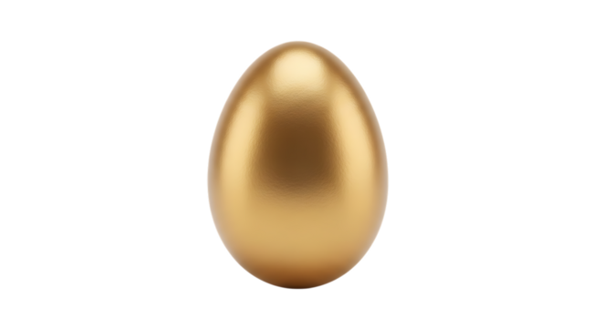 Single lustrous golden egg with smooth reflective surface, cutout, PNG isolated on white or transparent background