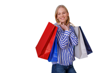 Happy woman holding colorful shopping bags enjoying retail therapy on transparent background