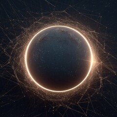 Fototapeta premium Global Technology Network Concept: Dark Planet with a Bright Golden Neon Ring Surrounded by Abstract Plexus Connections Representing Worldwide Communication and Big Data Exchange