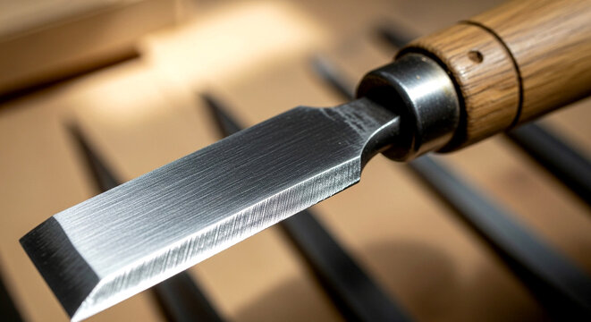 Macro Close Up Of A Sharp Woodworking Chisel