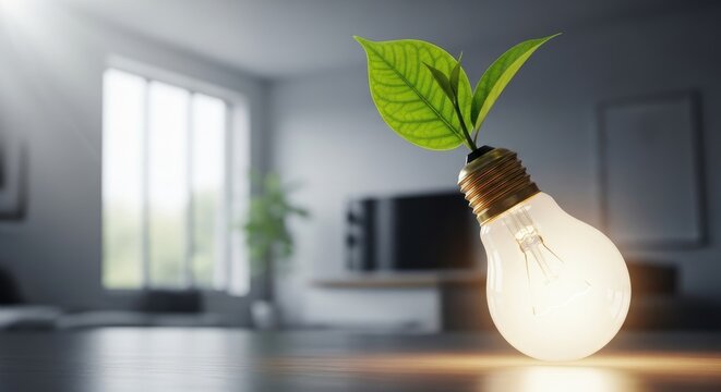 Glowing light bulb with vibrant green leaves emerging, symbolizing sustainable energy, cost savings, and environmental protection in a bright modern room.