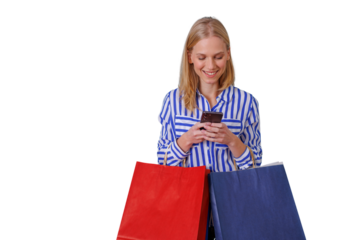Woman shopping, holding smartphones and bags, finding online deals, enjoying mobile commerce, transparent background