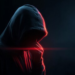 Hacker in Hoodie Conceals Face in Dark Environment