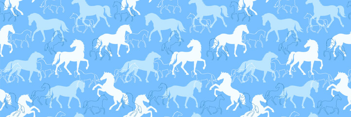 Seamless pattern with white horse silhouettes on blue background. Cute pastel wallpaper with repeating equine motifs print for 2026 Year of the Horse design, textile background, wrapping paper, fabric