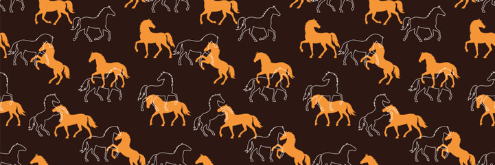 Template of seamless pattern with white and gold Horse silhouettes on brown background. Endless luxury wallpaper, print with equines as a zodiac fire sign for 2026 Chinese New Year and Christmas