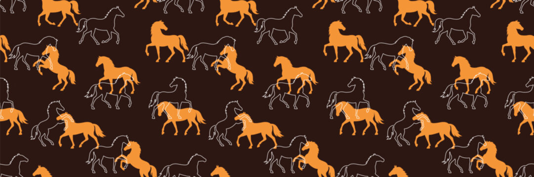Template of seamless pattern with white and gold Horse silhouettes on brown background. Endless luxury wallpaper, print with equines as a zodiac fire sign for 2026 Chinese New Year and Christmas