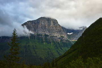 Naklejka premium Cloud Shrouded Mountain Peak and Lush Forest in Dramatic Glacier Wilderness