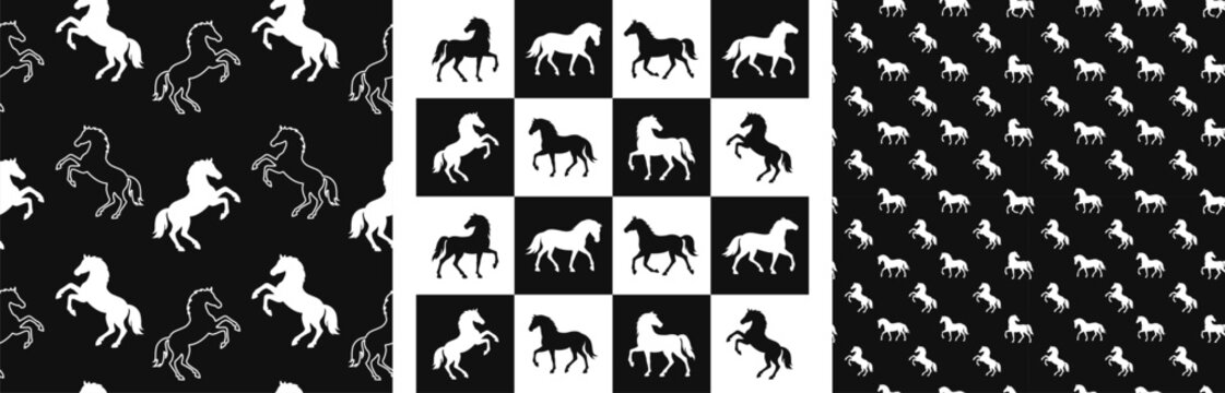 Set of seamless patterns with white horses silhouettes on black background. Wallpapers with repeating equine motifs print in simple vector style for 2026 Year of the Horse designs, textile backgrounds