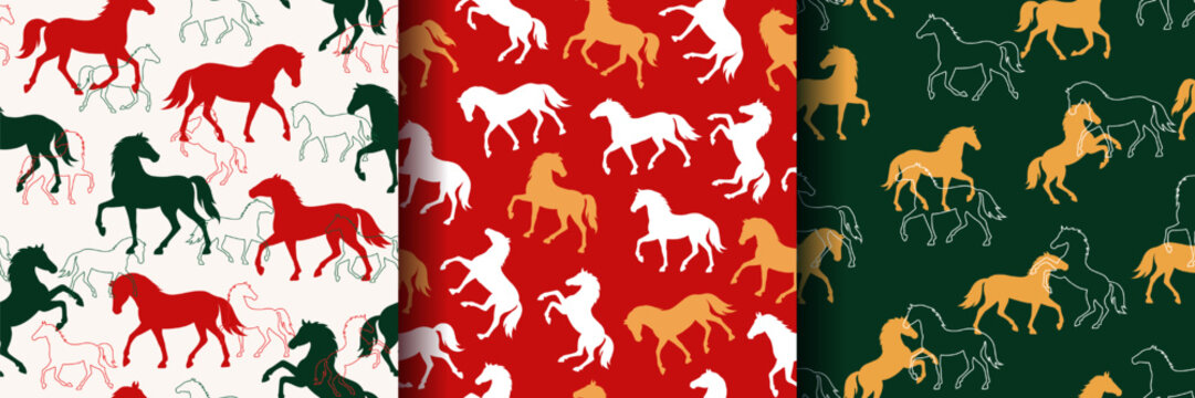 Set of of seamless patterns with Horse silhouettes on red, gold, green, white backgrounds. Endless wallpaper, repeat print with rearing equines as a zodiac sign for 2026 Chinese New Year and Christmas