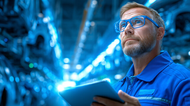A focused technician is analyzing technical data on a tablet. He is dressed in a blue uniform and glasses, standing in a modern manufacturing facility filled with advanced machinery
