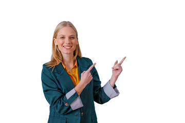 Blonde businesswoman smiling, pointing to the right, showing and advising with a positive facial expression on transparent background