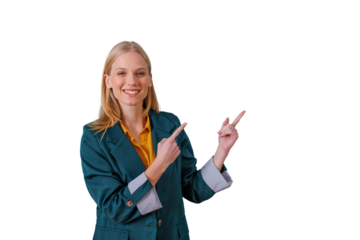 Blonde businesswoman smiling, pointing to the right, showing and advising with a positive facial expression on transparent background