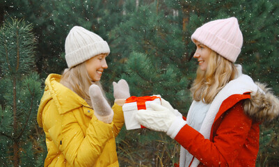 Winter happy women friends holding gift box, celebration, joyful girlfriends together in Christmas