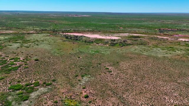 Aerial landscape of rural desert road in summer historic US route 66 San Jon New Mexico NM