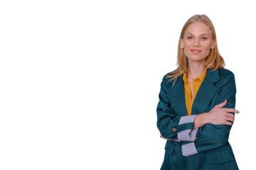 Corporate executive woman showing confidence and professionalism, standing with crossed arms, copy space