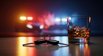 Alcoholic drink with ice beside car keys, blurred emergency vehicle lights signify impaired driving consequences during national prevention month.