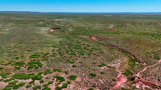 Aerial landscape of rural desert road in summer historic US route 66 San Jon New Mexico NM