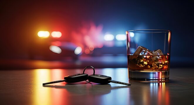 Alcoholic drink with ice beside car keys, blurred emergency vehicle lights signify impaired driving consequences during national prevention month.