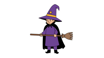 Cute Cartoon Child Witch in Purple Costume with Broomstick. Halloween Character Illustration for Kids