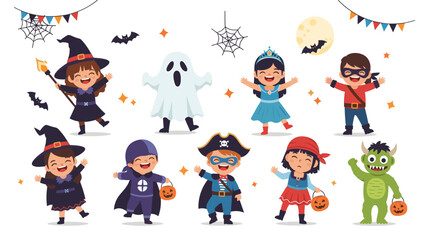 Happy diverse kids in Halloween costumes collection. Cute children dressed as witch, ghost, princess, pirate, superhero for trick or treat.