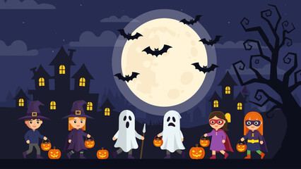 Halloween Night: Kids Trick-or-Treating in Costumes with Spooky Houses, Full Moon & Bats. Festive Holiday Illustration.