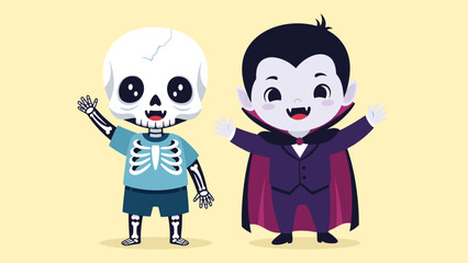 Adorable Cartoon Skeleton and Vampire Characters Waving for Halloween. Cute Spooky Fun Illustration.