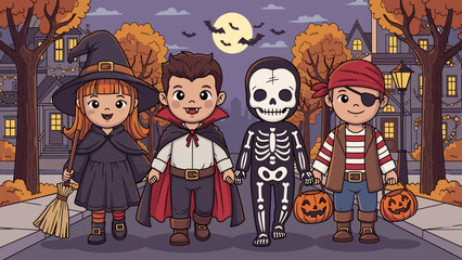 Happy Cartoon Kids in Halloween Costumes Trick-or-Treating on an Autumn Night Street with Spooky Moon and Bats