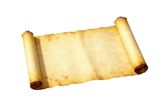 Aged parchment scroll unrolled revealing a blank surface with rolled edges on a black background