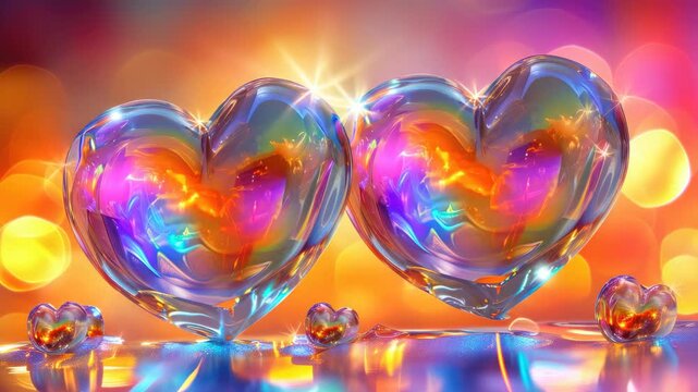 Two glossy hearts in a colorful bokeh effect with blurred light bulbs and circles, ideal for love or Valentine's Day themes.