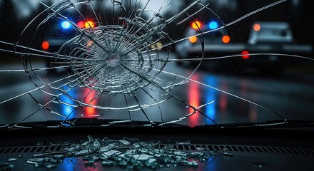 Shattered windshield, blurred police car lights reflecting on wet road, consequence of alcoholic impairment, preventing drunk driving impact.