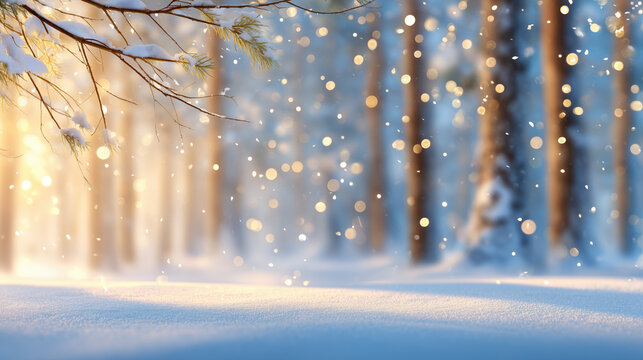 Fototapeta Soft snowflakes fall in a tranquil forest as sunlight filters through tall trees. The ground is covered in a thick blanket of snow, creating a peaceful winter atmosphere