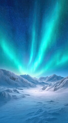 Naklejka premium Vibrant colors of the aurora borealis illuminate a tranquil snowy landscape with towering mountains under a starry sky during a crisp night. Nature's beauty captivates the viewer