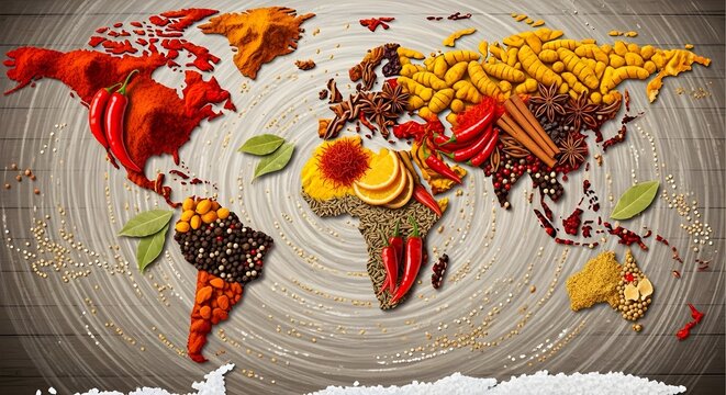 World map made of spices and herbs, a culinary journey around the globe