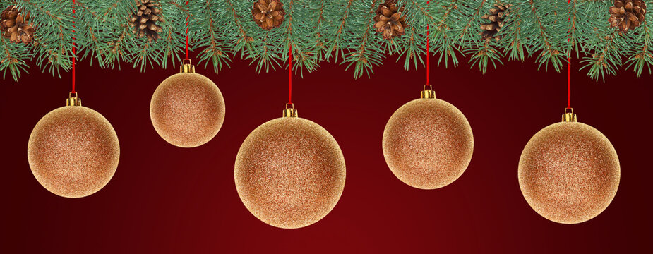 Christmas background with golden glitter baubles hanging from fir branches and pine cones on a red backdrop. Festive decoration for holiday design and winter celebration
