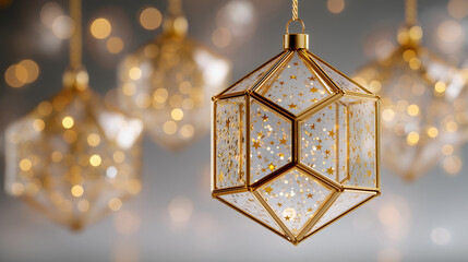 Festive Ornament Elegance: A set of exquisitely crafted ornaments, each shimmering with golden accents and geometric forms, evoking the spirit of holiday cheer and festive delight.